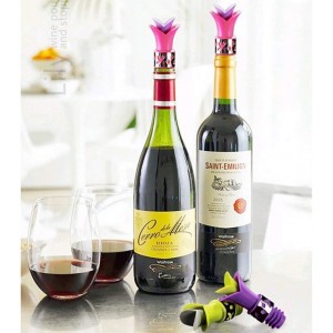 Silicone Wine Bottle Stopper Pourer with Stainless Steel Accent Pack of 3 Flower Stopper Pourer for Glass Wine, Cooking Oil, Liqueur, Flavoring Bottles - Green/Pink/Purple