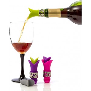 Silicone Wine Bottle Stopper Pourer with Stainless Steel Accent Pack of 3 Flower Stopper Pourer for Glass Wine, Cooking Oil, Liqueur, Flavoring Bottles - Green/Pink/Purple