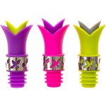 Silicone Wine Bottle Stopper Pourer with Stainless Steel Accent Pack of 3 Flower Stopper Pourer for Glass Wine, Cooking Oil, Liqueur, Flavoring Bottles - Green/Pink/Purple