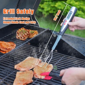 Meat Thermometer Fork for BBQ & Grilling – Instant Read Food Thermometer with Preset Meat Temperatures, Long Heat-Safe Handle, Backlit LCD for Steak, Chicken & Outdoor Cooking, Black