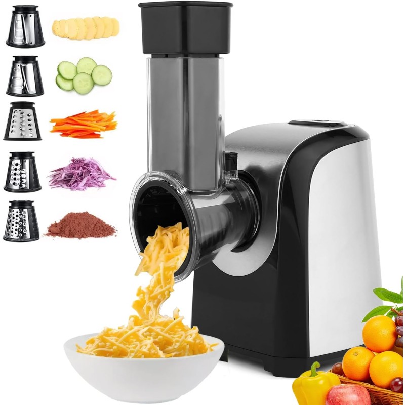 Homdox Electric Cheese Grater 5 in 1 Professional Electric Slicer Shredder 150W Cheese Grater One-Touch Control Salad Maker for Home Kitchen Use, Electric Salad Machine for Cheese, Fruits, Vegetables