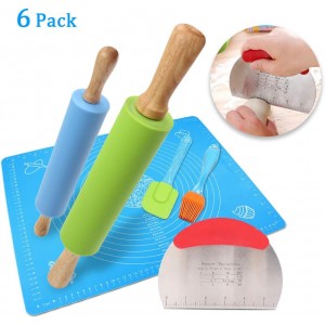 Ewinever 1Set Rolling Pin Pastry Mat Set Non-Stick 6 in 1 Dough Roller Baking Kit with Pastry Cutter Reusable Kneading Mat Scraper Basting Brush