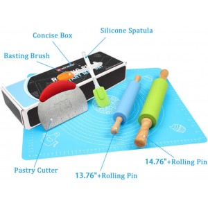 Ewinever 1Set Rolling Pin Pastry Mat Set Non-Stick 6 in 1 Dough Roller Baking Kit with Pastry Cutter Reusable Kneading Mat Scraper Basting Brush