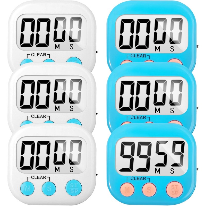 6 Pack Digital Kitchen Timer Small Classroom Timers for Kids Teachers (Blue&White)