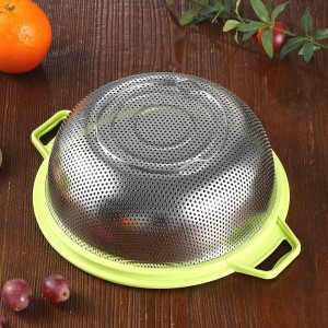 Stainless Steel Colander With Handle and Legs, Large Metal Green Strainer for Pasta, Spaghetti, Berry, Veggies, Fruits, Noodles, Salads, 5-quart 10.5” Kitchen Mesh Colander, Dishwasher Safe