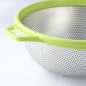 Stainless Steel Colander With Handle and Legs, Large Metal Green Strainer for Pasta, Spaghetti, Berry, Veggies, Fruits, Noodles, Salads, 5-quart 10.5” Kitchen Mesh Colander, Dishwasher Safe