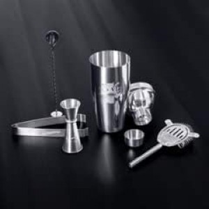 5 pc. Cocktail Shaker Bar Set by Tom Bullock's, The Original Tastemaker: 25 oz Stainless Steel Shaker, Double Measuring Jigger, Stirrer/Mixer Spoon, Strainer and Ice Tongs. Become The Ideal Bartender!