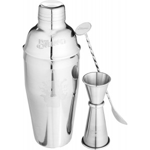 5 pc. Cocktail Shaker Bar Set by Tom Bullock's, The Original Tastemaker: 25 oz Stainless Steel Shaker, Double Measuring Jigger, Stirrer/Mixer Spoon, Strainer and Ice Tongs. Become The Ideal Bartender!