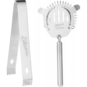 5 pc. Cocktail Shaker Bar Set by Tom Bullock's, The Original Tastemaker: 25 oz Stainless Steel Shaker, Double Measuring Jigger, Stirrer/Mixer Spoon, Strainer and Ice Tongs. Become The Ideal Bartender!