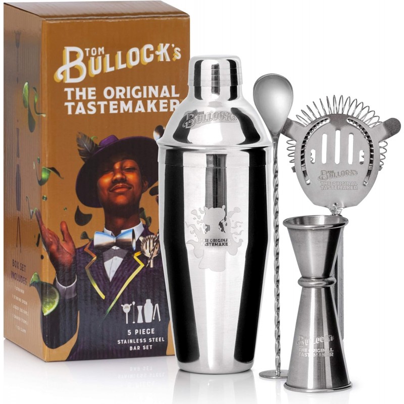 5 pc. Cocktail Shaker Bar Set by Tom Bullock's, The Original Tastemaker: 25 oz Stainless Steel Shaker, Double Measuring Jigger, Stirrer/Mixer Spoon, Strainer and Ice Tongs. Become The Ideal Bartender!