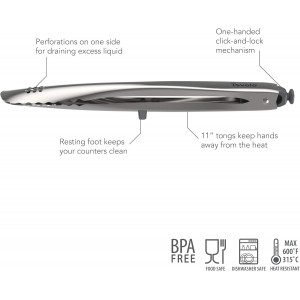 Tovolo Stainless Steel Tongs 11 Inch Extra Long Handle for Grilling BBQ & Deep Cookware, Heat Resistant to 600 Degrees Metal Perforated Head Kitchen Tongs with Click Lock for Cooking, Charcoal