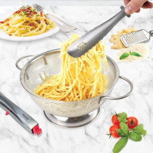 Tovolo Stainless Steel Tongs 11 Inch Extra Long Handle for Grilling BBQ & Deep Cookware, Heat Resistant to 600 Degrees Metal Perforated Head Kitchen Tongs with Click Lock for Cooking, Charcoal