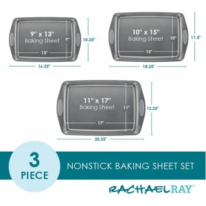 Rachael Ray Nonstick Bakeware Set with Grips, Nonstick Cookie Sheets / Baking Sheets - 3 Piece, Gray with Sea Salt Gray Grips