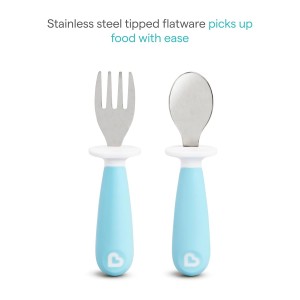 Munchkin® Raise™ Toddler Fork and Spoon Utensil Set, Rest Keeps Tip Off Table, BPA Free, 4 Pack, Blue/Green