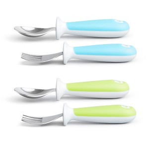 Munchkin® Raise™ Toddler Fork and Spoon Utensil Set, Rest Keeps Tip Off Table, BPA Free, 4 Pack, Blue/Green