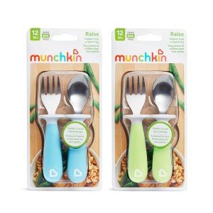 Munchkin® Raise™ Toddler Fork and Spoon Utensil Set, Rest Keeps Tip Off Table, BPA Free, 4 Pack, Blue/Green