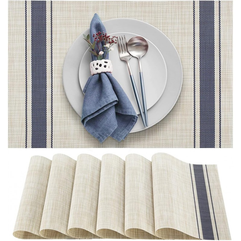 DACHUI Placemats Set of 6, Soft & Elegant Woven Vinyl Place Mats, Water Resistant, Heat Resistant, Washable, Durable Table Mats (Blue Stripes)