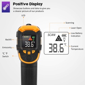 Infrared Thermometer Non-Contact Digital Laser Temperature Gun -58℉～1112℉(-50℃～600℃) Adjustable Emissivity IR Temp Gun - for Cooking, BBQ, Food, Fridge, Pizza Oven, Engine - Meat Thermometer Included