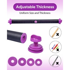 Silicone Rolling Pin with Thickness Rings, Adjustable Designs for Fondant, Cookie Decorating, Pasta, Pizza, 23.6 inch Purple Large Long Pin