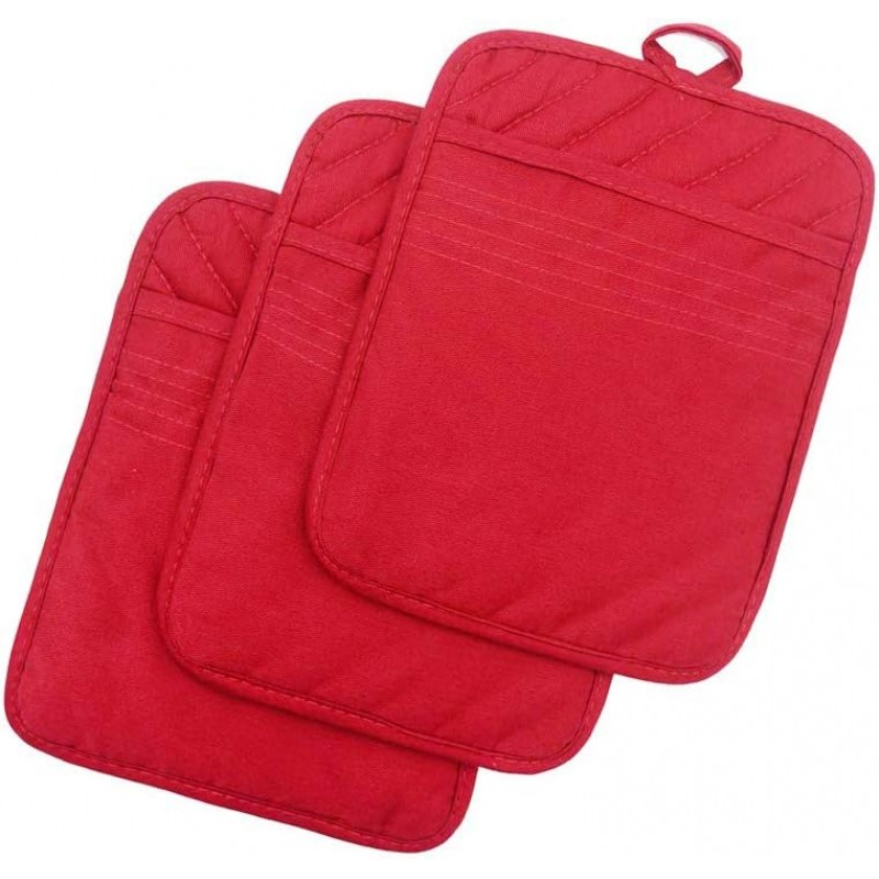 Anyi Pot Holders for Kitchen Heat Resistant, Cotton Hot Pads for Counter Table, Red Kitchen Pot Holders with Pocket