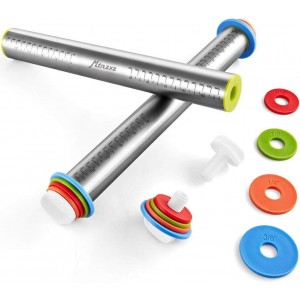 Rolling Pin and Silicone Baking Pastry Mat Set, Stainless Steel Dough Roller, Rolling Pins with Adjustable Thickness Rings, for Baking Fondant, Pizza, Pie, Pastries, Pasta, Cookies
