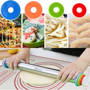 Rolling Pin and Silicone Baking Pastry Mat Set, Stainless Steel Dough Roller, Rolling Pins with Adjustable Thickness Rings, for Baking Fondant, Pizza, Pie, Pastries, Pasta, Cookies