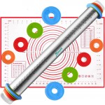 Rolling Pin and Silicone Baking Pastry Mat Set, Stainless Steel Dough Roller, Rolling Pins with Adjustable Thickness Rings, for Baking Fondant, Pizza, Pie, Pastries, Pasta, Cookies