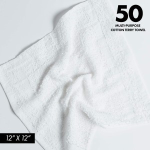 100% Cotton Terry Towels Cleaning Cloths Pack of 50 (12x12 Inches) White Cotton Terry Cloth Bar Rags White Bar Towels, Multipurpose High Absorbent Terry Towels for Cleaning Auto Detailing or Painters