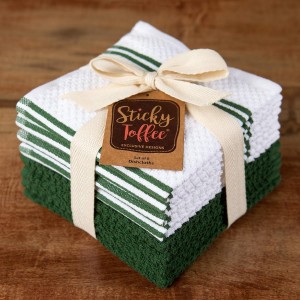 Sticky Toffee Cotton Dishcloths Set of 8 – 12x12 in Dark Green and White Dish Towels, Reusable and Absorbent Tea Towels for Cleaning or Drying, Oeko-Tex Cotton
