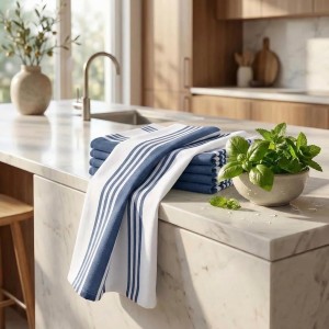 Urban Villa Kitchen Towels Blue White Striped 100% Cotton Set of 6, 20x30 Inch Oversized Dish Cloths, Highly Absorbent, Mitered Corners & Hanging Loop, Hand & Tea Towels, Dish Towels