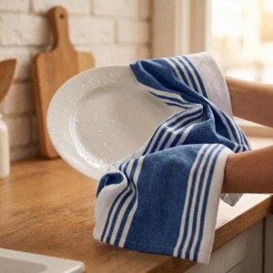Urban Villa Kitchen Towels Blue White Striped 100% Cotton Set of 6, 20x30 Inch Oversized Dish Cloths, Highly Absorbent, Mitered Corners & Hanging Loop, Hand & Tea Towels, Dish Towels