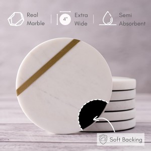 Cork & Mill Marble Coasters Set of 6 - Luxury Aesthetic Modern Decor for Coffee Table- White Marble with Gold Brass Inlay - Real Natural Semi Absorbent Stone Coasters