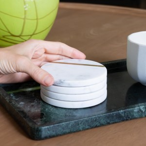 Cork & Mill Marble Coasters Set of 6 - Luxury Aesthetic Modern Decor for Coffee Table- White Marble with Gold Brass Inlay - Real Natural Semi Absorbent Stone Coasters