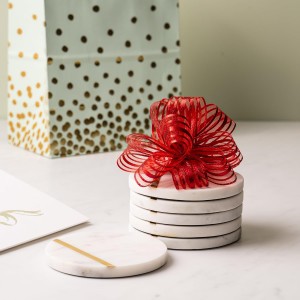 Cork & Mill Marble Coasters Set of 6 - Luxury Aesthetic Modern Decor for Coffee Table- White Marble with Gold Brass Inlay - Real Natural Semi Absorbent Stone Coasters