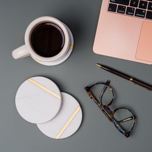 Cork & Mill Marble Coasters Set of 6 - Luxury Aesthetic Modern Decor for Coffee Table- White Marble with Gold Brass Inlay - Real Natural Semi Absorbent Stone Coasters