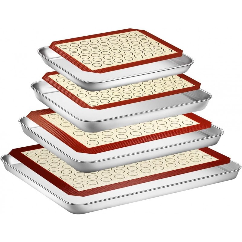 Baking Sheet with Silicone Mat Set, Set of 8 (4 Sheets + 4 Mats), Stainless Steel Cookie Sheet Baking Pans with Reusable Silicone Baking Mat, Non Toxic & Heavy Duty & Easy Clean