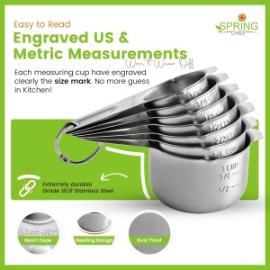 Spring Chef Stainless Steel Measuring Cups Set of 7 with Pour Spout - Nesting Kitchen Tools with Easy Read Markings to Measure Dry or Liquid Ingredients - Metal Measuring Cups for Baking & Cooking