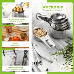 Spring Chef Stainless Steel Measuring Cups Set of 7 with Pour Spout - Nesting Kitchen Tools with Easy Read Markings to Measure Dry or Liquid Ingredients - Metal Measuring Cups for Baking & Cooking
