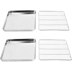Wildone Baking Sheet & Rack Set [2 Sheets + 2 Racks], Stainless Steel Cookie Pan with Cooling Rack, Size 16 x 12 x 1 Inch, Non Toxic & Heavy Duty & Easy Clean