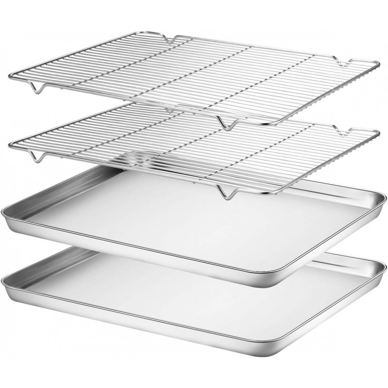 Wildone Baking Sheet & Rack Set [2 Sheets + 2 Racks], Stainless Steel Cookie Pan with Cooling Rack, Size 16 x 12 x 1 Inch, Non Toxic & Heavy Duty & Easy Clean