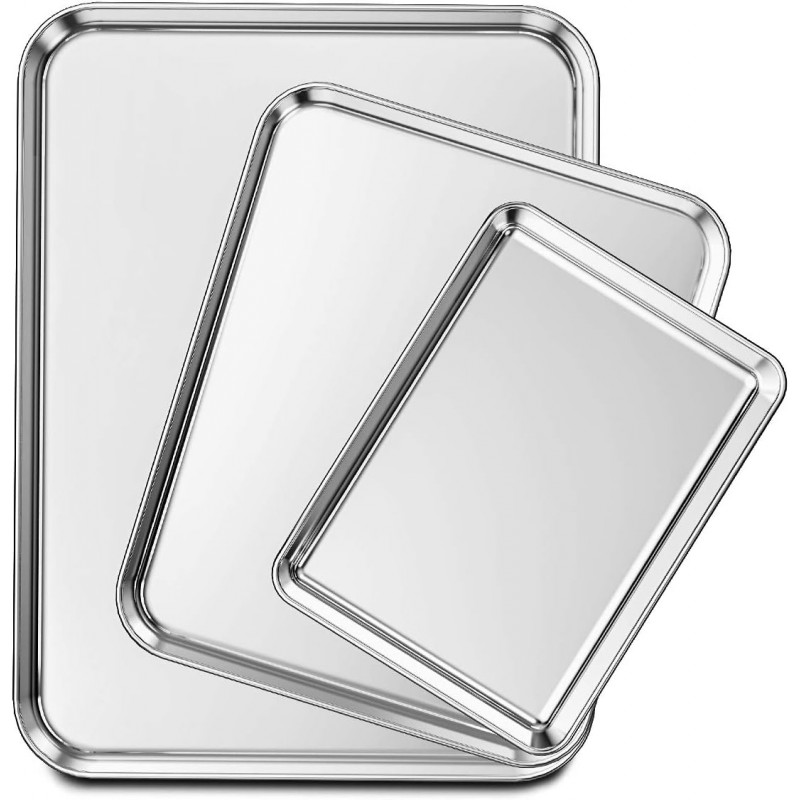 Wildone Baking Sheet Set of 3, Stainless Steel Cookie Sheet Cooking Sheet Pan for Baking & Roasting, 9/12/16 Inch, Non Toxic & Heavy Duty & Easy Clean