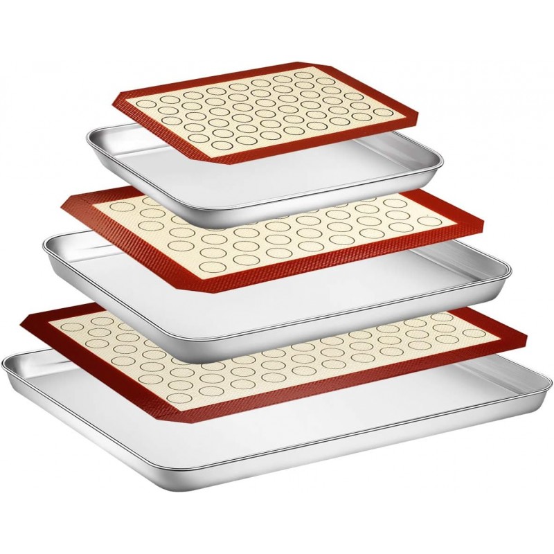 Wildone Baking Sheet with Silicone Mat Set, Set of 6 (3 Sheets + 3 Mats), Stainless Steel Cookie Sheet Baking Pan with Silicone Mat, Non Toxic & Heavy Duty & Easy Clean