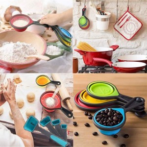 Collapsible Measuring Cups and Spoons - Portable Food Grade Silicone for Liquid & Dry Measuring, 8 Piece Set Kitchen Measuring Tool