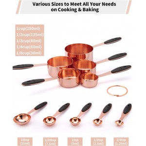 Joyhill Copper Measuring Cups and Spoons Set of 10 Piece, Stainless Steel Nesting Measuring Cup Set with Soft Touch Silicone Handles for Dry and Liquid Ingredients
