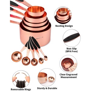Joyhill Copper Measuring Cups and Spoons Set of 10 Piece, Stainless Steel Nesting Measuring Cup Set with Soft Touch Silicone Handles for Dry and Liquid Ingredients