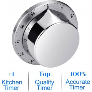Kitchen Timer, Chef Cooking Timer Clock with Loud Alarm, No Batteries Required, 100% Mechanical - Magnetic Backing, Exquisite Stainless Steel Body - Countdown Reminder - Silver 1Pack