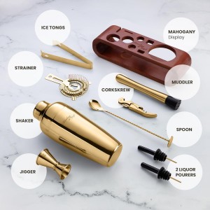Mixology & Craft Cocktail Shaker Set with Dark Bamboo Stand - Professional 10-Piece Bartender Kit - Complete Bar Set & Cocktail Mixer Kit for Home (Gold)