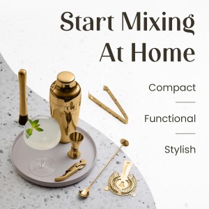 Mixology & Craft Cocktail Shaker Set with Dark Bamboo Stand - Professional 10-Piece Bartender Kit - Complete Bar Set & Cocktail Mixer Kit for Home (Gold)