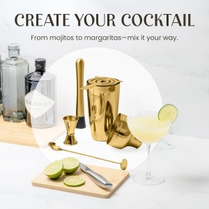 Mixology & Craft Cocktail Shaker Set with Dark Bamboo Stand - Professional 10-Piece Bartender Kit - Complete Bar Set & Cocktail Mixer Kit for Home (Gold)