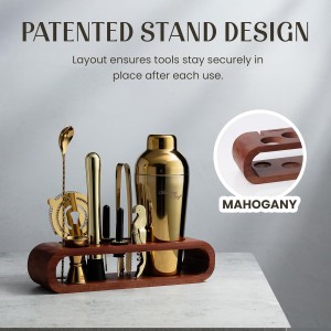 Mixology & Craft Cocktail Shaker Set with Dark Bamboo Stand - Professional 10-Piece Bartender Kit - Complete Bar Set & Cocktail Mixer Kit for Home (Gold)